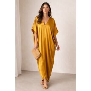 HATCH Riviera Maxi Dress | Luxe Satin Look Dolman Caftan | Marigold | One Size